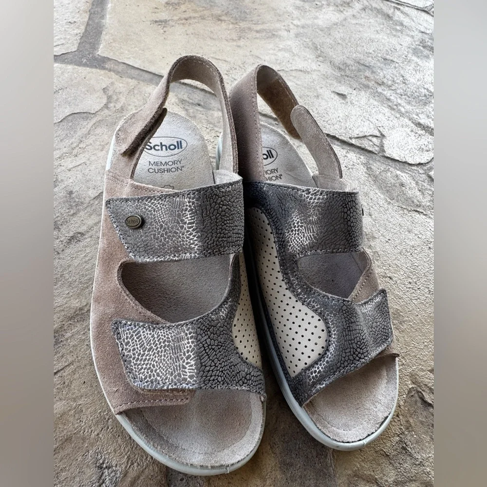 Scholl Comfort Sandals With Velcro Straps Beige Wedge Removable Insole Size 38